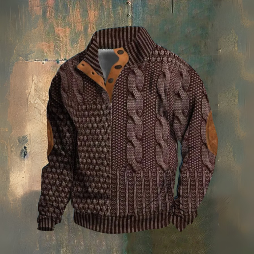 Men's textured cable knit sweater with high collar, button placket and sleeve patches