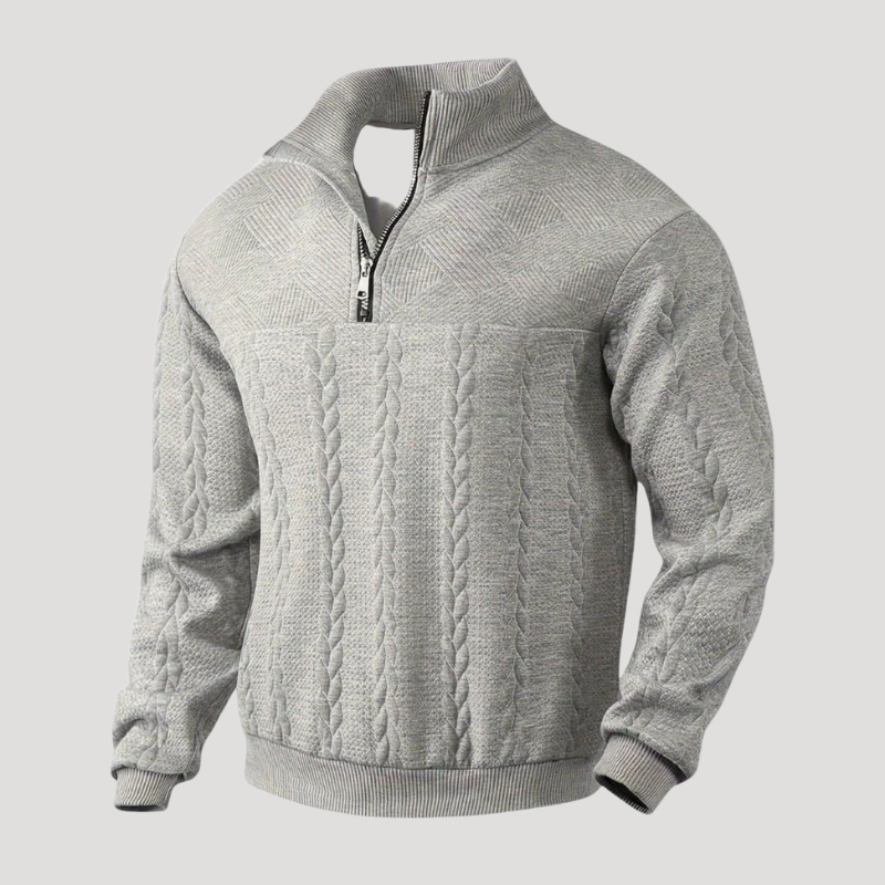 Men's cable knit half-zip sweater with mock neck and long sleeves