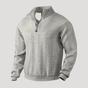 Men's cable knit half-zip sweater with mock neck and long sleeves