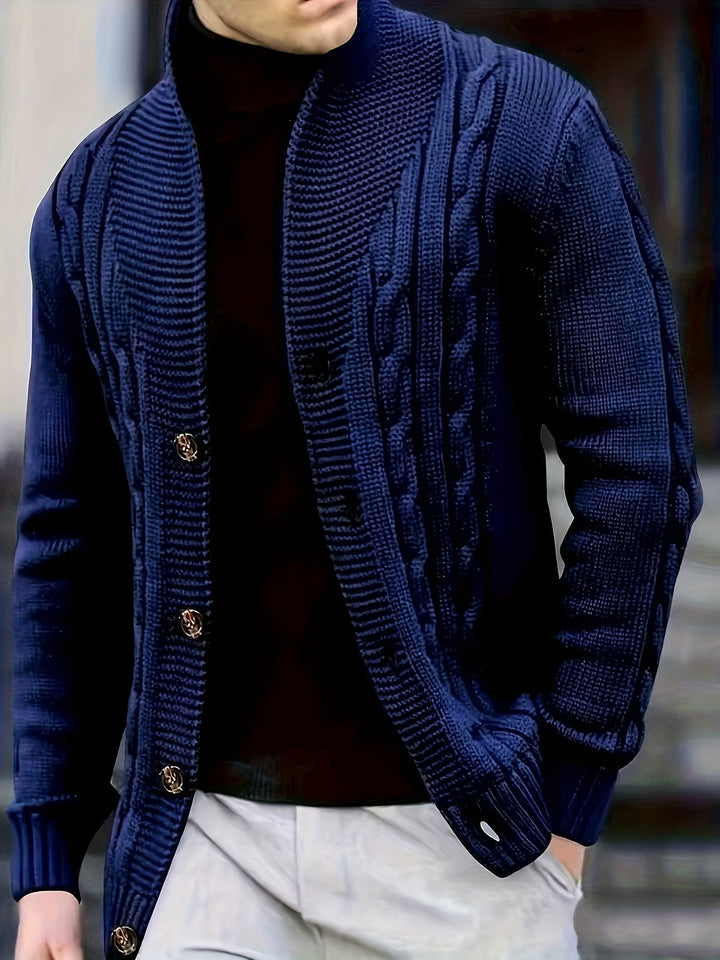 Men's ribbed knit cardigan with wide collar, long sleeves and button front