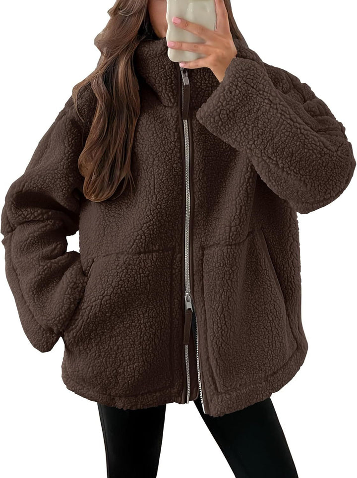 Women's textured teddy fleece zip-up coat with stand collar and front pockets