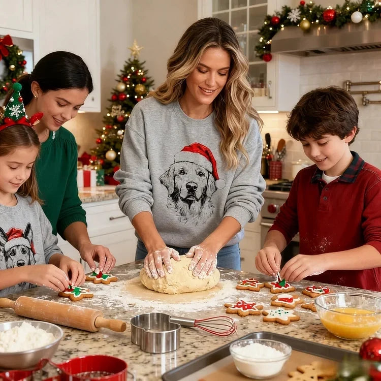 Unisex grey Christmas sweatshirt with dog Santa hat design, shown on family members around decorated kitchen