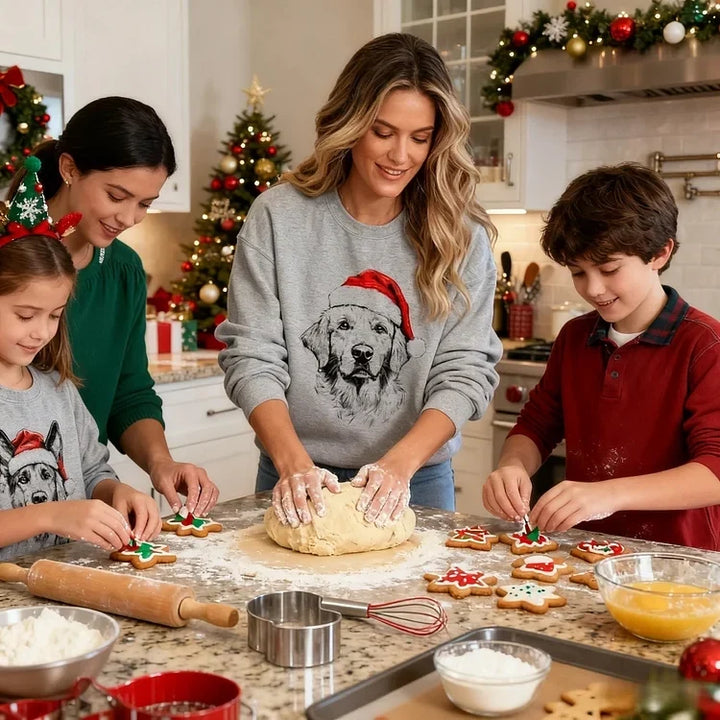 Unisex grey Christmas sweatshirt with dog Santa hat design, shown on family members around decorated kitchen