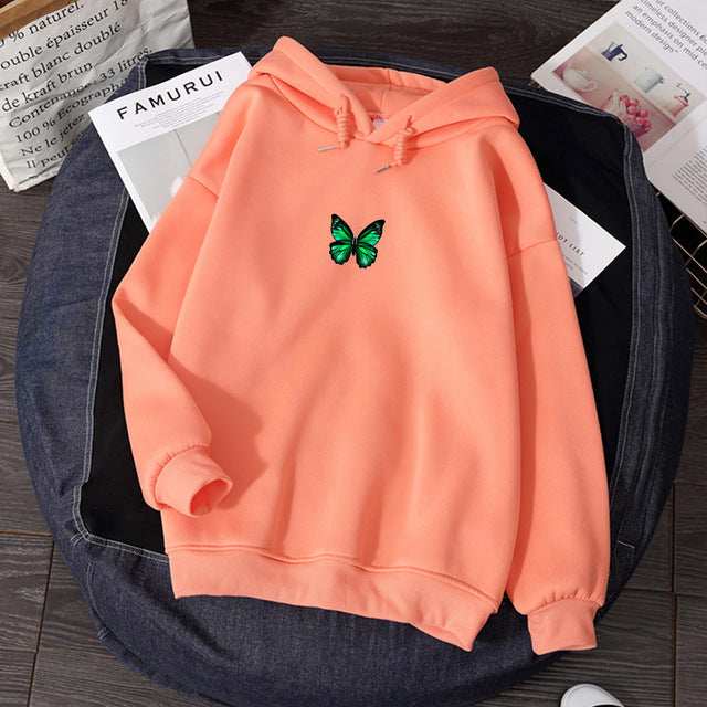 Women's hooded sweatshirt with butterfly chest print