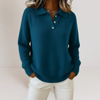 Women's collared knit sweater with button placket and long sleeves