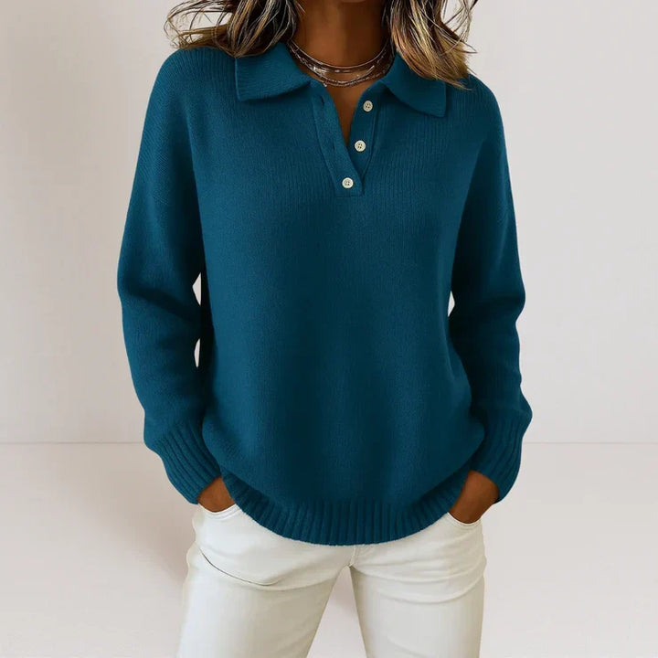 Women's collared knit sweater with button placket and long sleeves