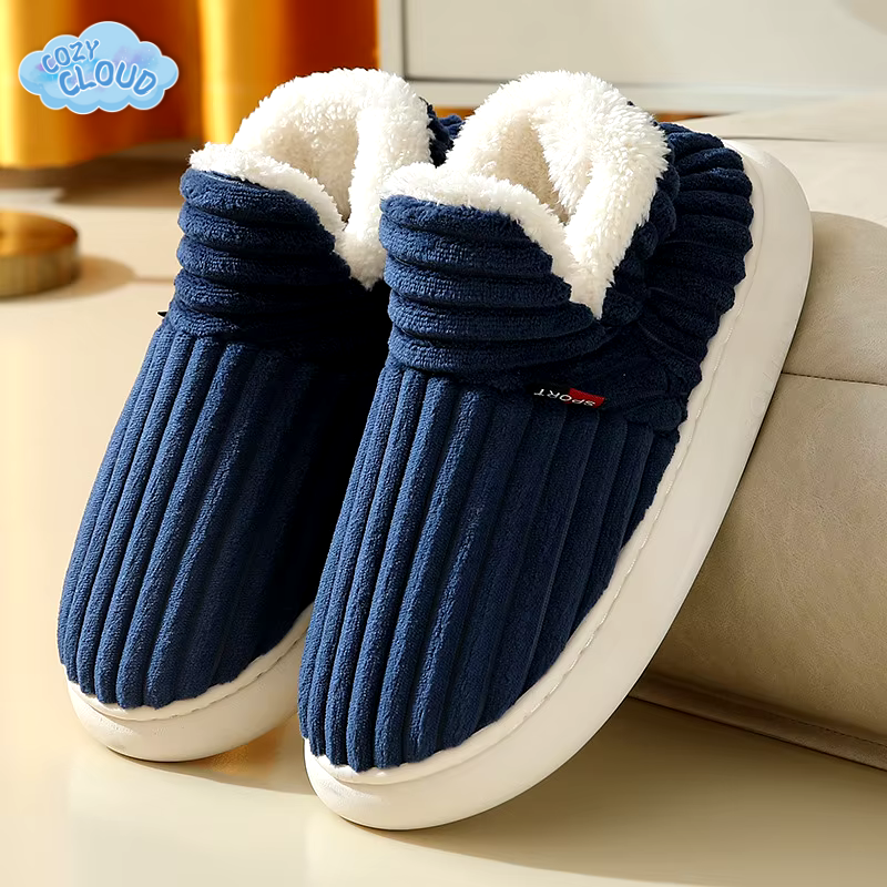 Ribbed closed-toe slip-on slippers with light lining and flat white soles