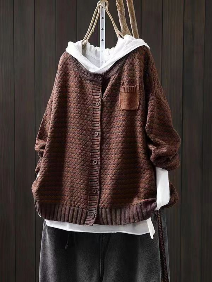 Women's textured hooded knit cardigan with button front and patch pocket