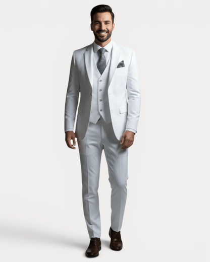Men's three-piece suit with notched lapels, buttoned waistcoat and tailored trousers