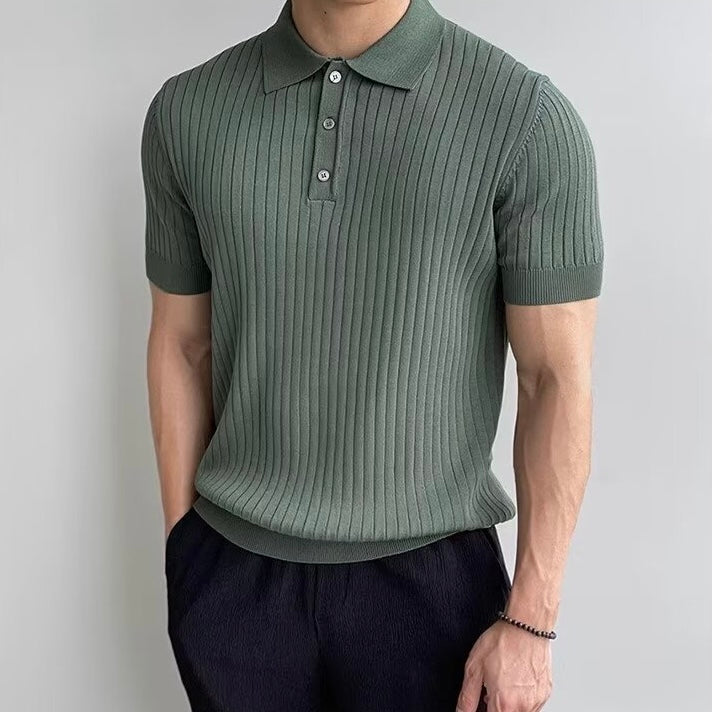 Men's short-sleeve ribbed knitted polo shirt with pointed collar and button placket