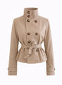 Women's beige cropped trench jacket with high collar and tie belt