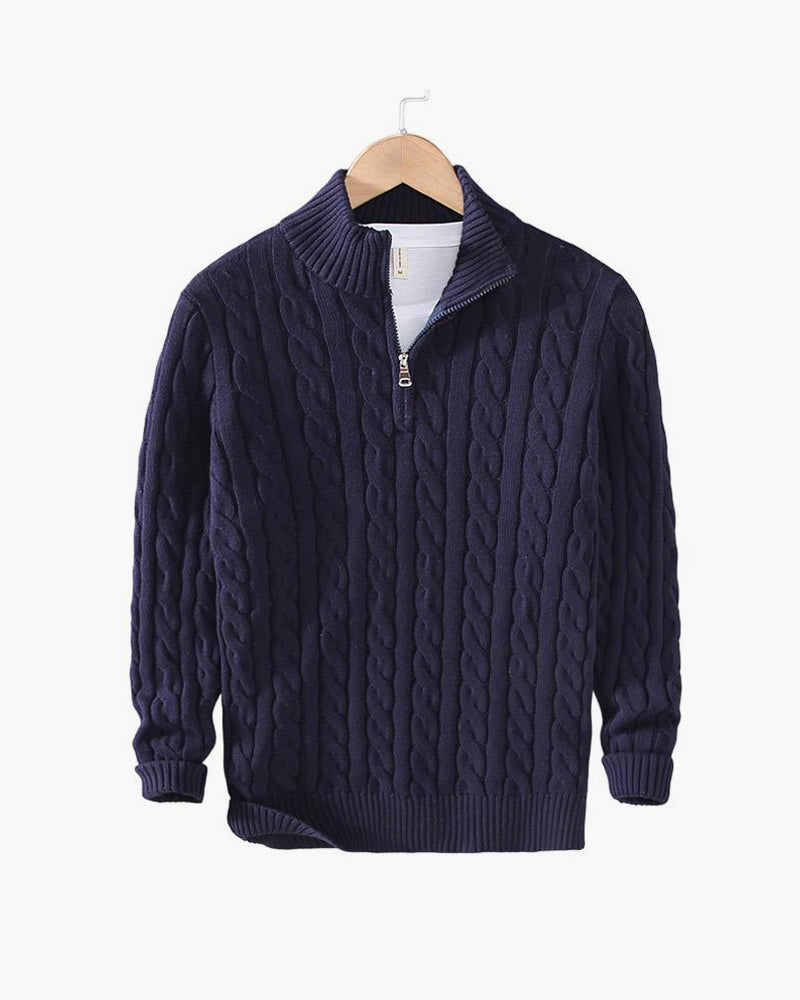 Cable knit sweater with mock collar, quarter zip and ribbed trims