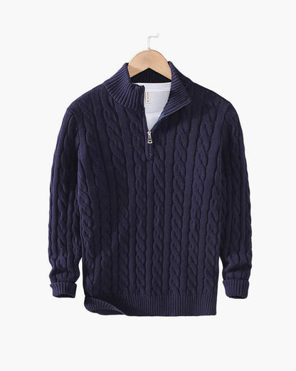 Cable knit sweater with mock collar, quarter zip and ribbed trims