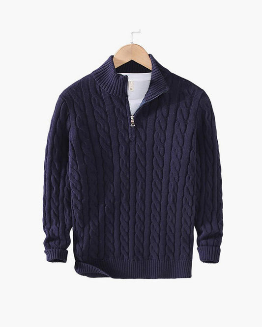 Cable knit sweater with mock collar, quarter zip and ribbed trims
