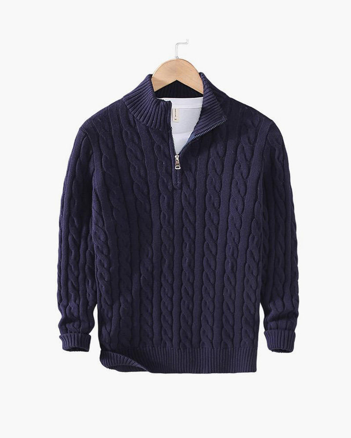 Cable knit sweater with mock collar, quarter zip and ribbed trims