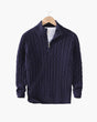 Cable knit sweater with mock collar, quarter zip and ribbed trims