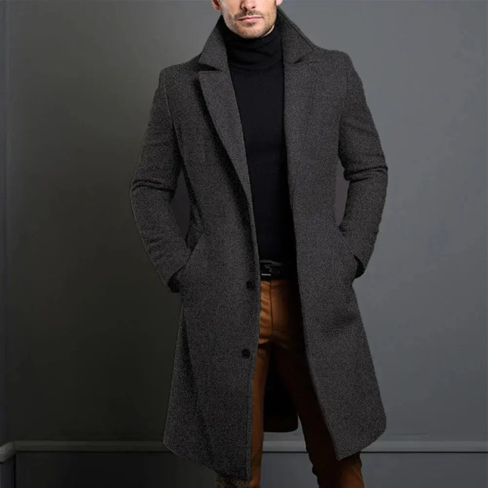 Men's tailored long coat with notched lapels, button front and side pockets