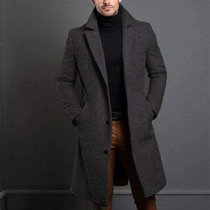 Men's tailored long coat with notched lapels, button front and side pockets