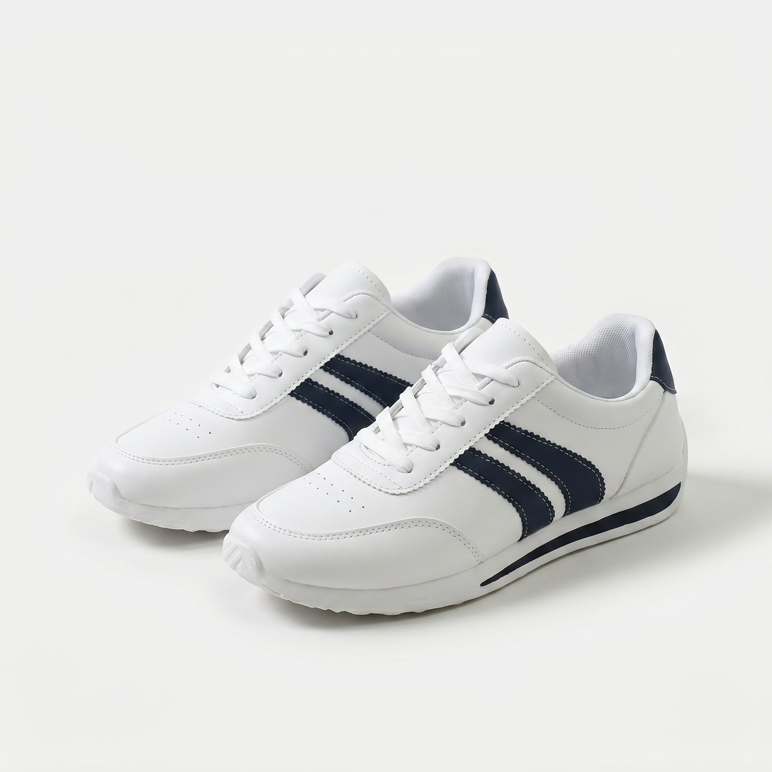 White lace-up sneakers with navy side stripes and flat soles