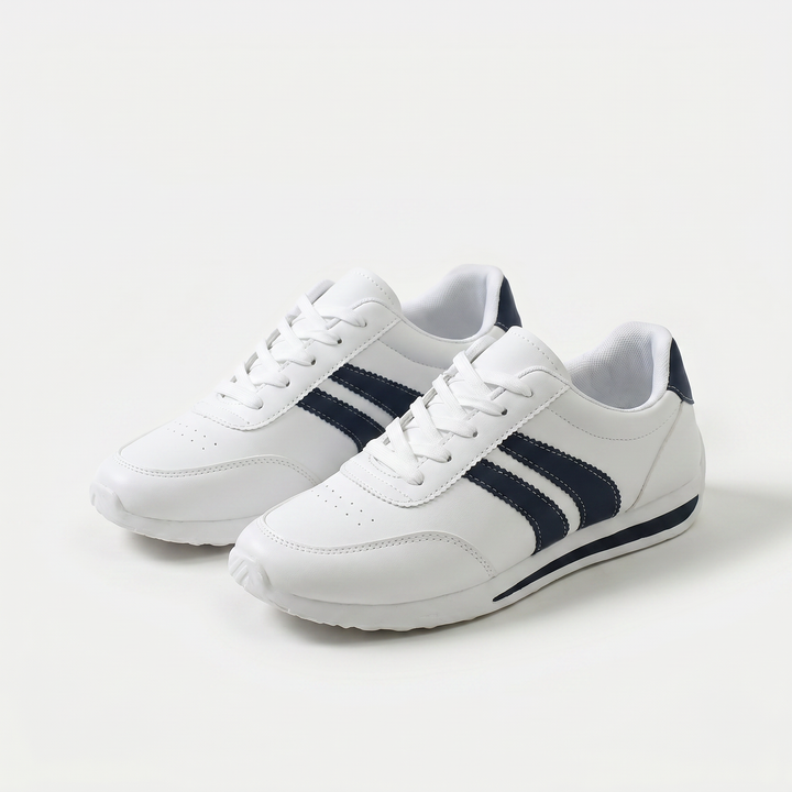 White lace-up sneakers with navy side stripes and flat soles