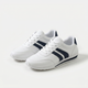 White lace-up sneakers with navy side stripes and flat soles