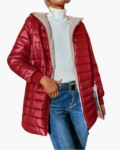 Women's quilted hooded jacket with long sleeves and zip front