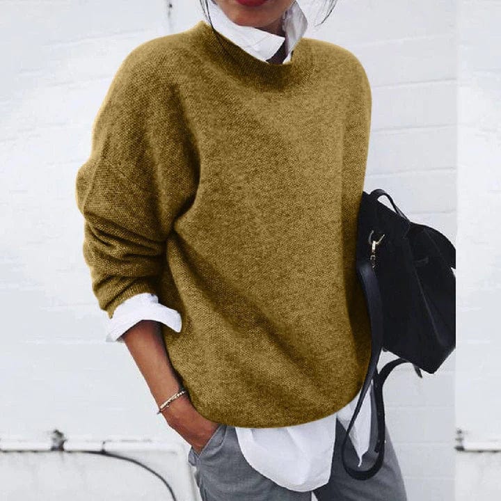 Women's crew neck knit sweater with long sleeves and ribbed trims