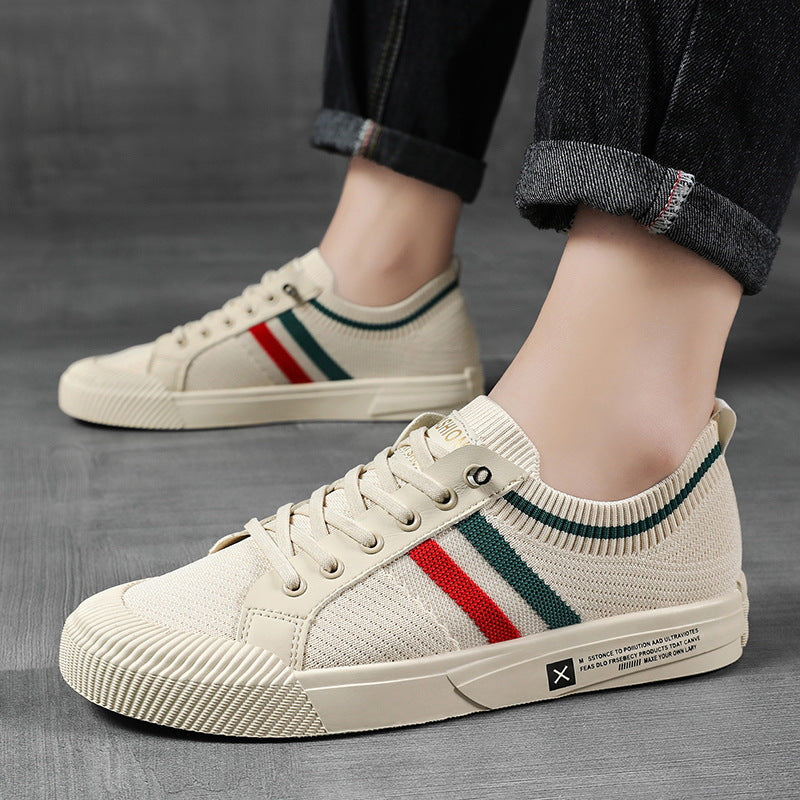 Men's lace-up sneakers with contrasting striped sides and flat soles