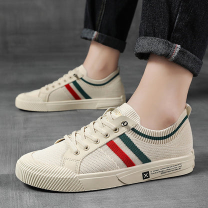 Men's lace-up sneakers with contrasting striped sides and flat soles