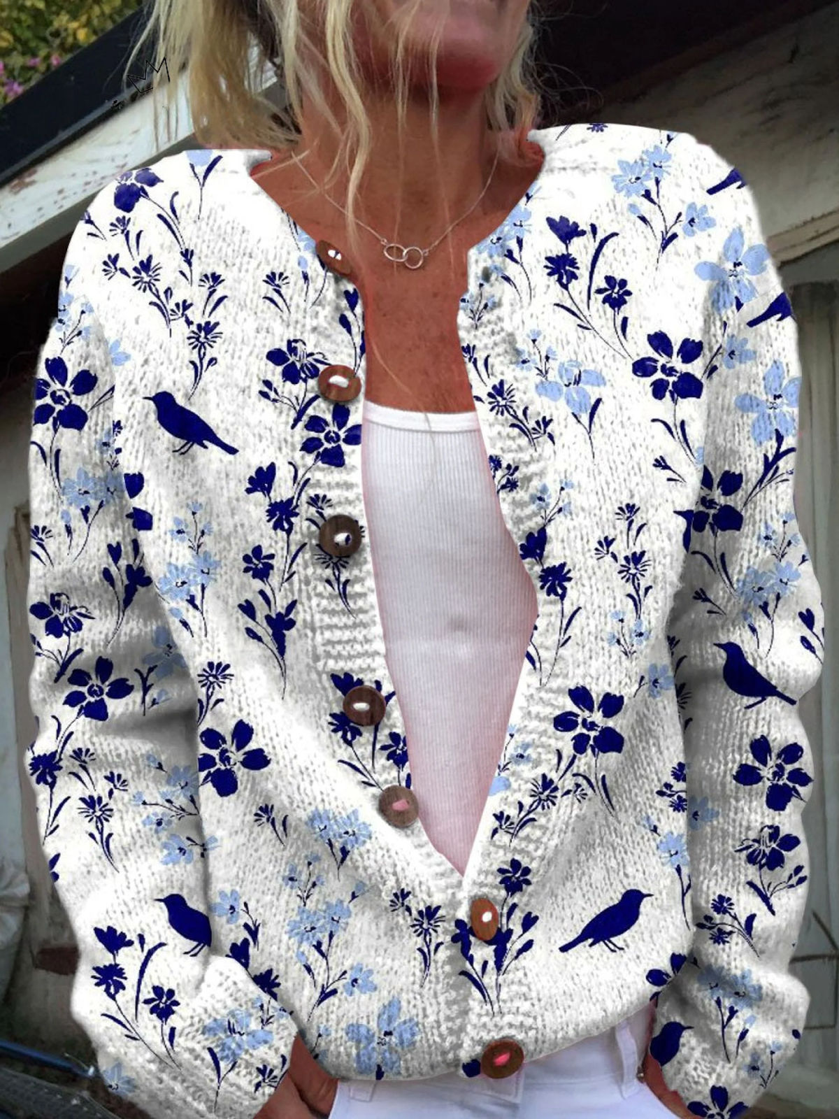 Women's floral button cardigan with long sleeves and blue flower and bird pattern