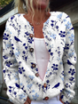 Women's floral button cardigan with long sleeves and blue flower and bird pattern