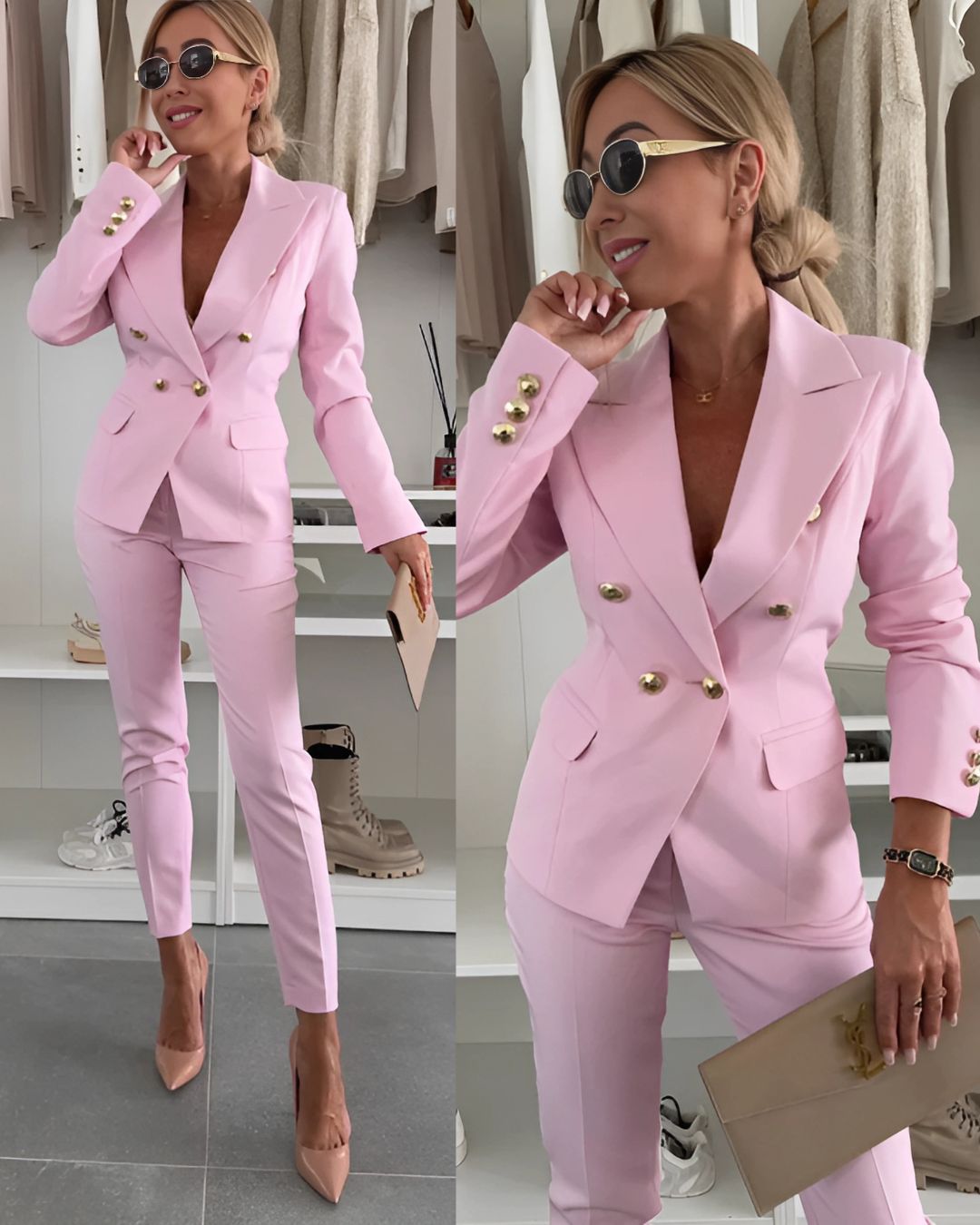 Women's double-breasted trouser suit with tailored blazer, lapels and matching ankle-length trousers