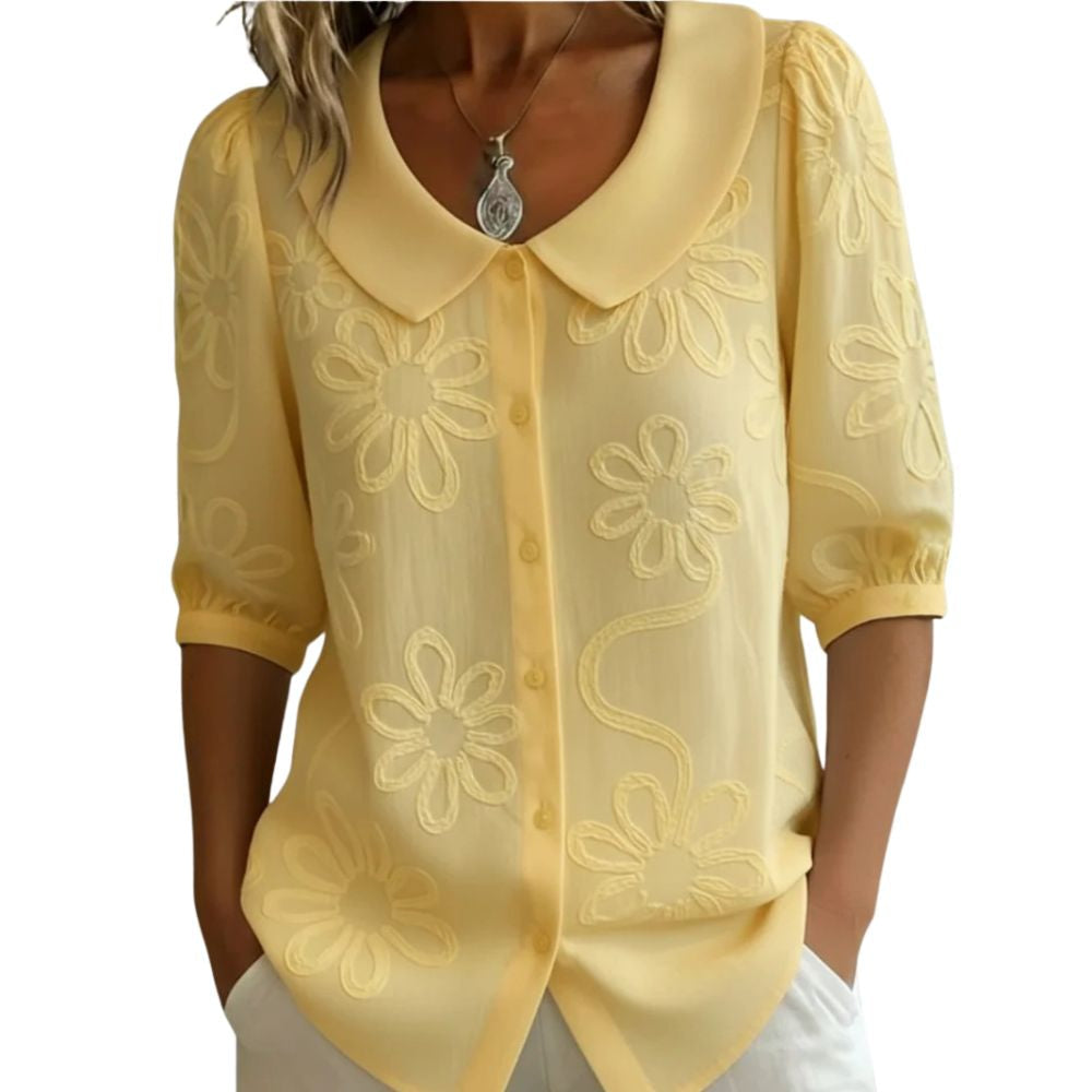 Women's Floral Embroidered Blouse — Collared Button-Front Three-Quarter Sleeve Blouse