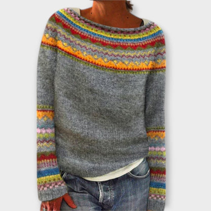 Women's multicolour patterned crew neck sweater with long sleeves