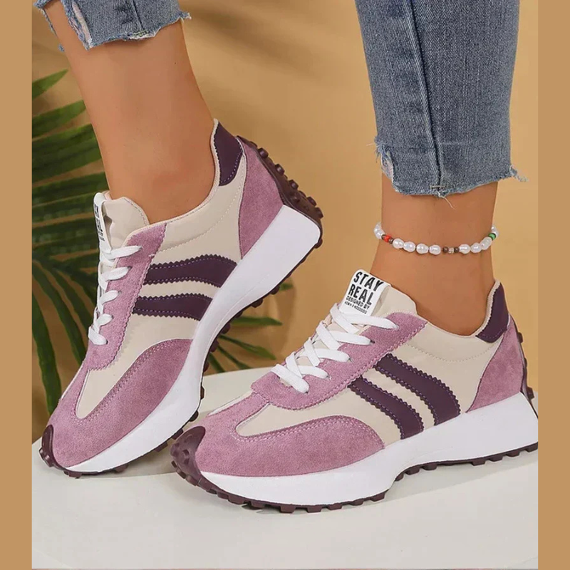 Women's retro lace-up sneakers with striped side panels and flat textured soles
