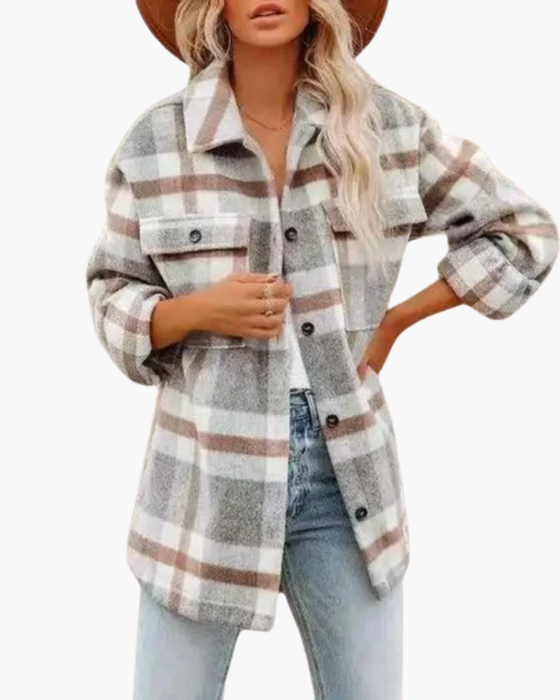 Women's oversized checked plaid jacket with pointed collar and button front