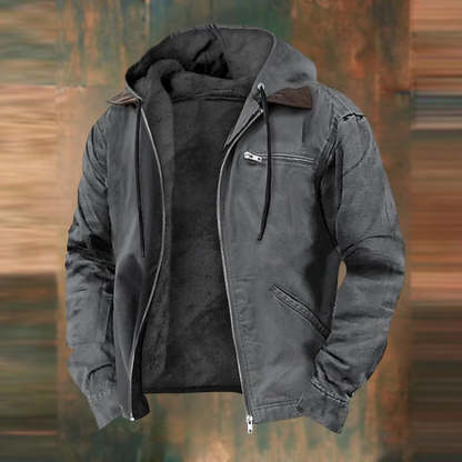 Men's hooded zip jacket with long sleeves and multiple pockets