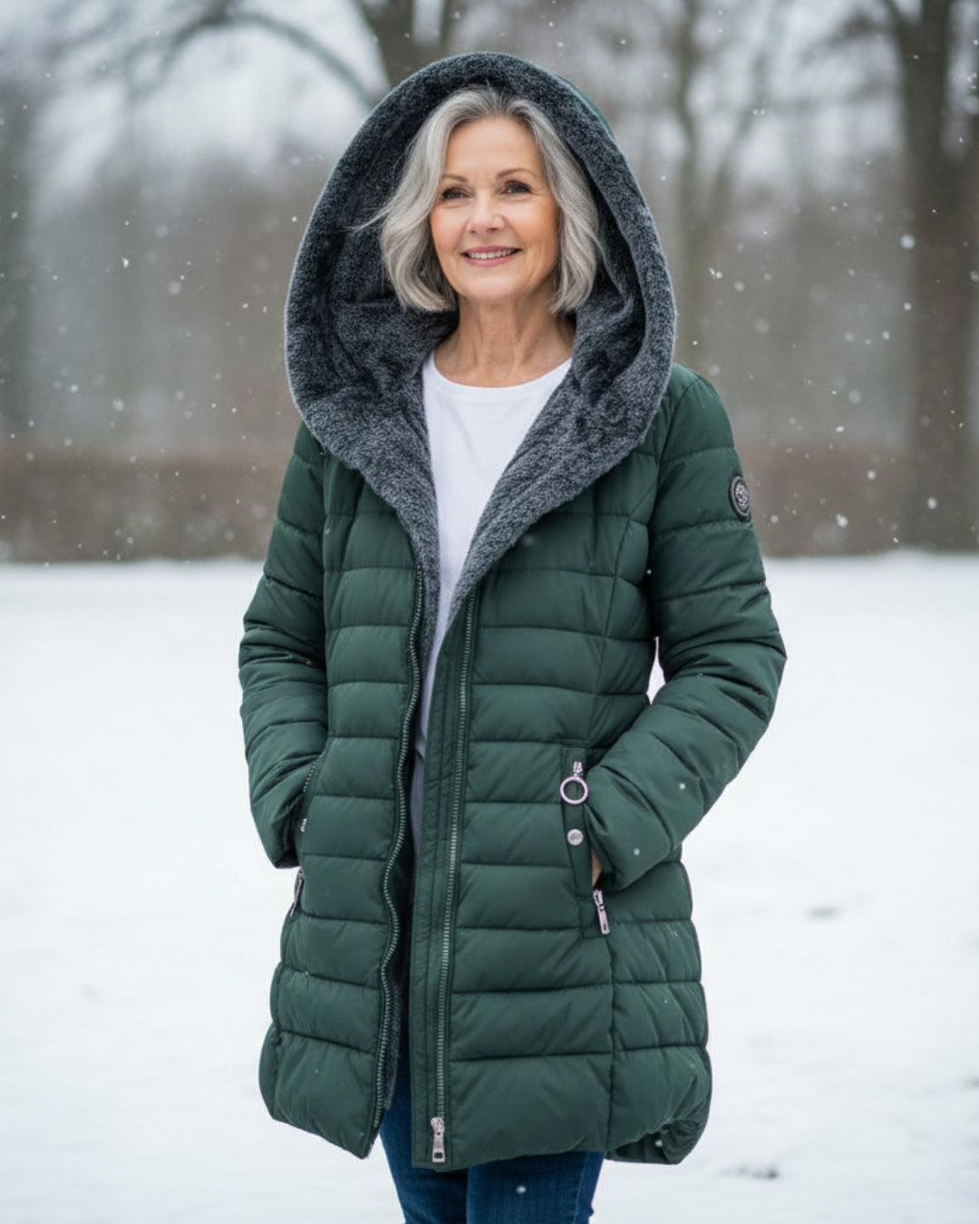 Women's long quilted puffer coat with hood and full front zipper
