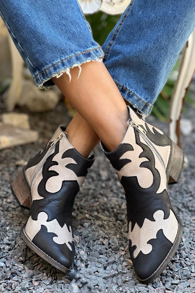 Women's western ankle boots with black and cream cutout panels