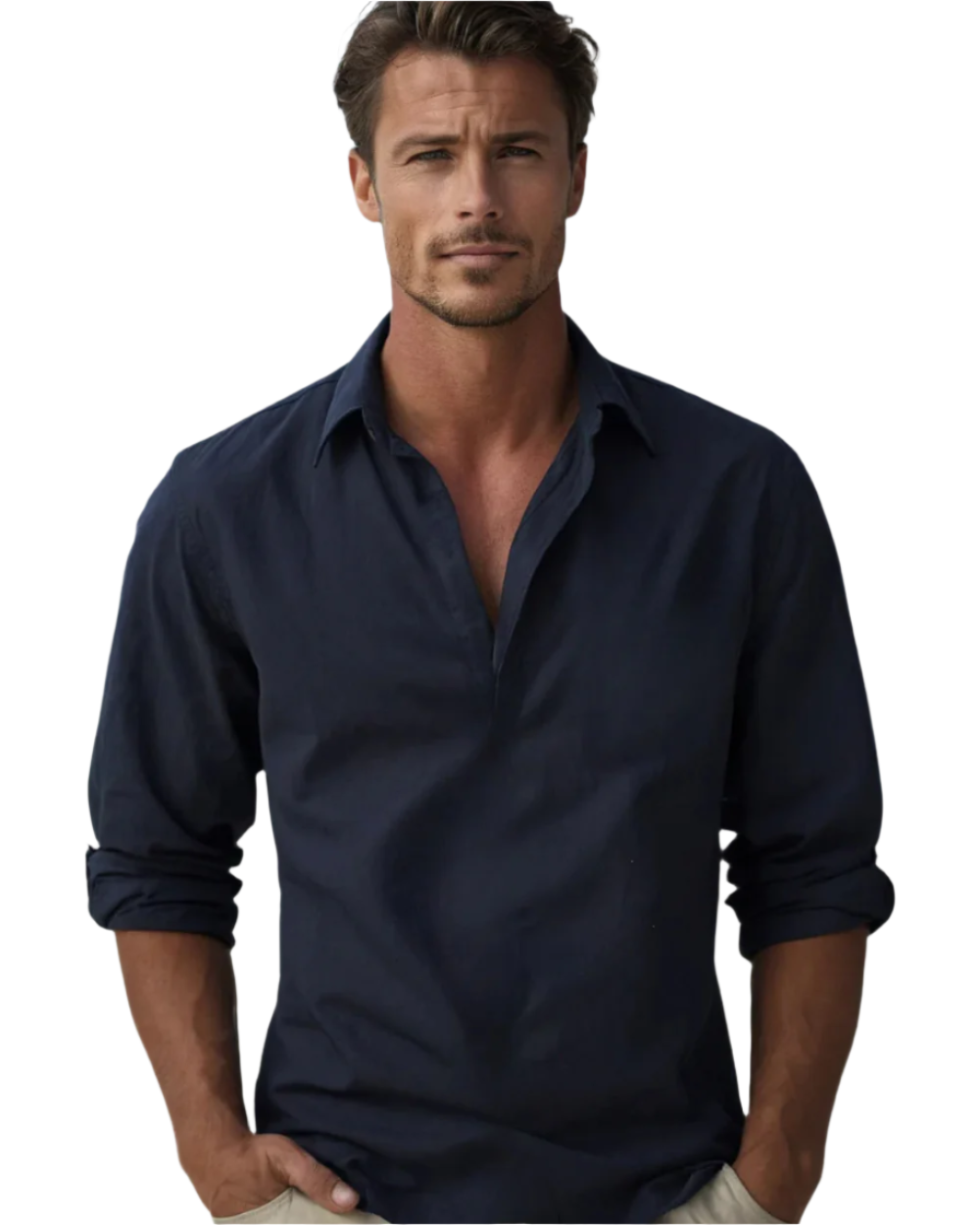 Men's solid long sleeve shirt with open collar and rolled sleeves