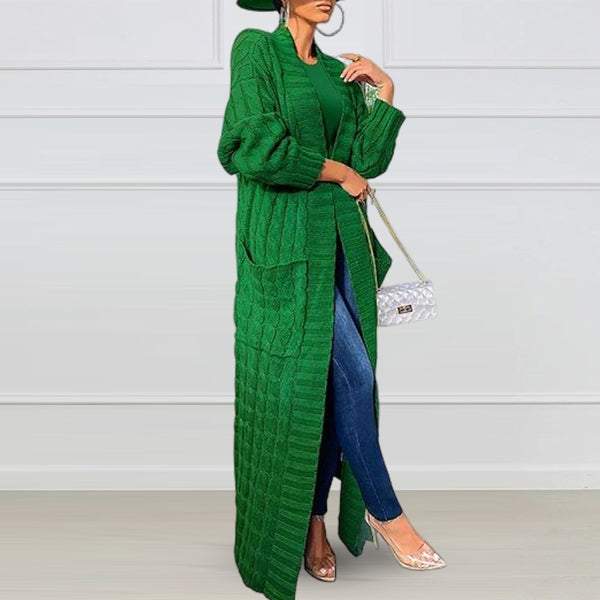 Women's longline cable knit cardigan with open front and front pockets