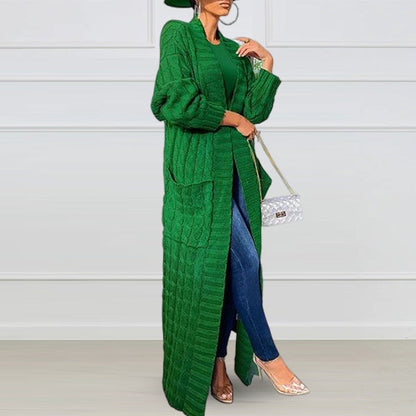 Women's longline cable knit cardigan with open front and front pockets