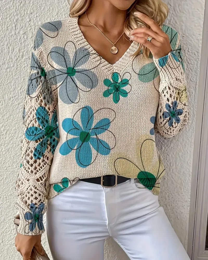 Women's floral open-knit V-neck sweater with long sleeves
