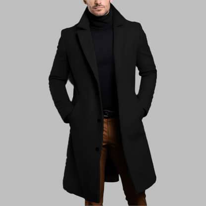 Men's long button-front overcoat with notched lapels and side pockets