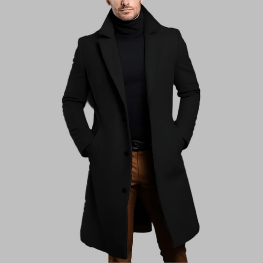 Men's long button-front overcoat with notched lapels and side pockets