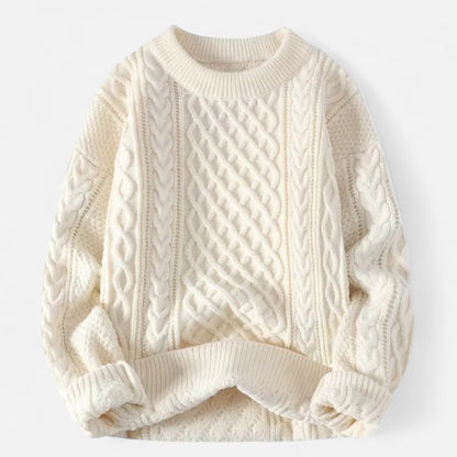 Men's cable knit crew neck sweater with long sleeves and ribbed trims