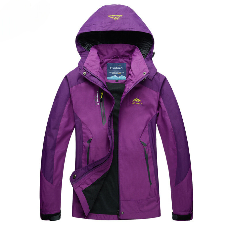 Women's hooded outdoor jacket with contrast panels and zipped pockets