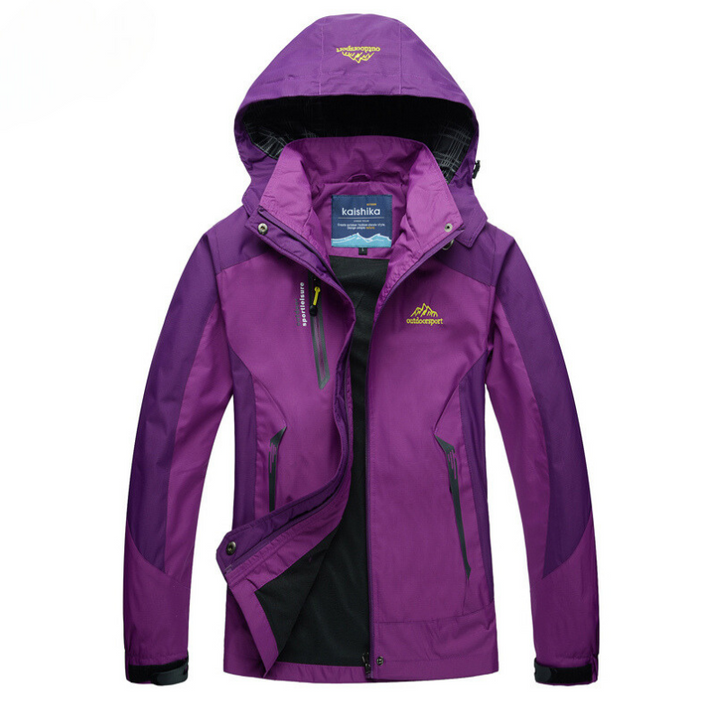 Women's hooded outdoor jacket with contrast panels and zipped pockets