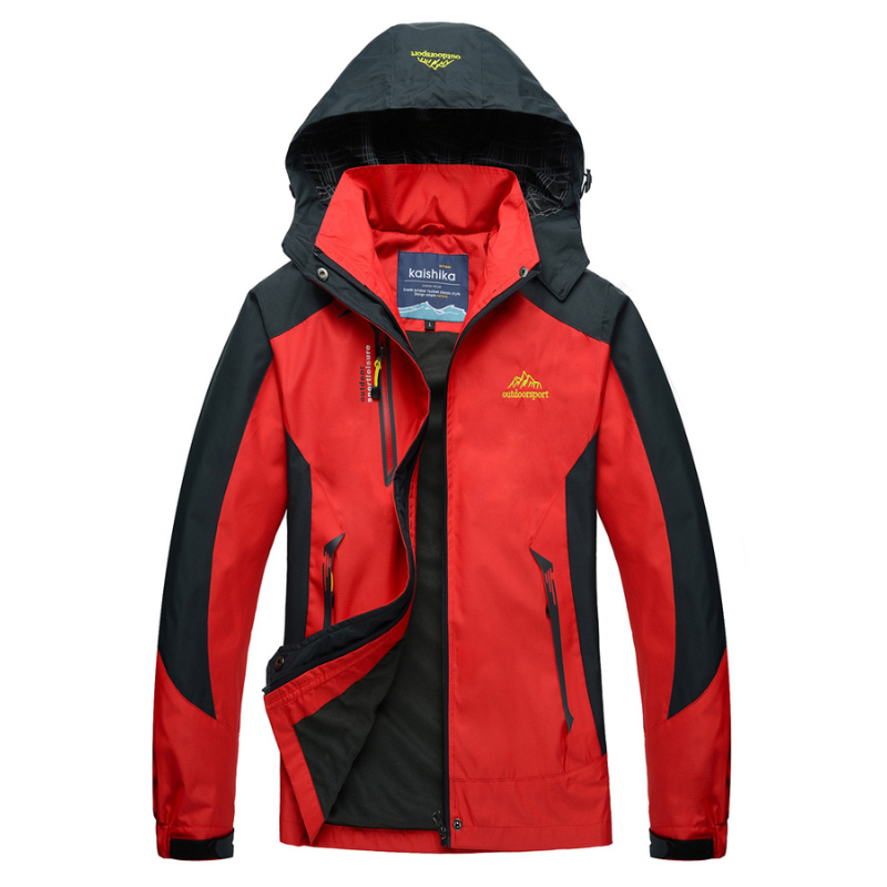 Women's hooded outdoor jacket with contrast panels and zipped pockets