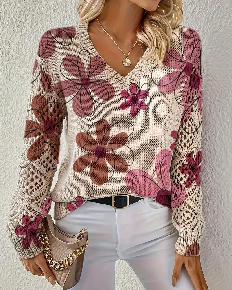 Women's floral open-knit V-neck sweater with long sleeves